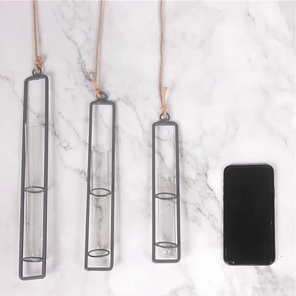 Grey wrought iron hydroponic vase with glass test tubes and hemp rope, sizes 22.5cm to 32.5cm for indoor hanging