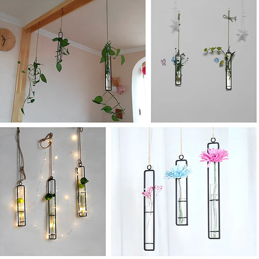 Grey wrought iron hydroponic vase with glass test tubes and hemp rope, sizes 22.5cm to 32.5cm for indoor hanging