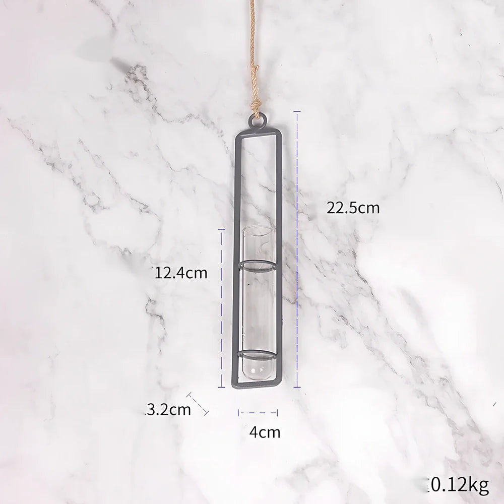 Grey wrought iron hydroponic vase with glass test tubes and hemp rope, sizes 22.5cm to 32.5cm for indoor hanging