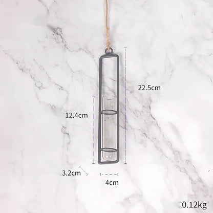 Grey wrought iron hydroponic vase with glass test tubes and hemp rope, sizes 22.5cm to 32.5cm for indoor hanging