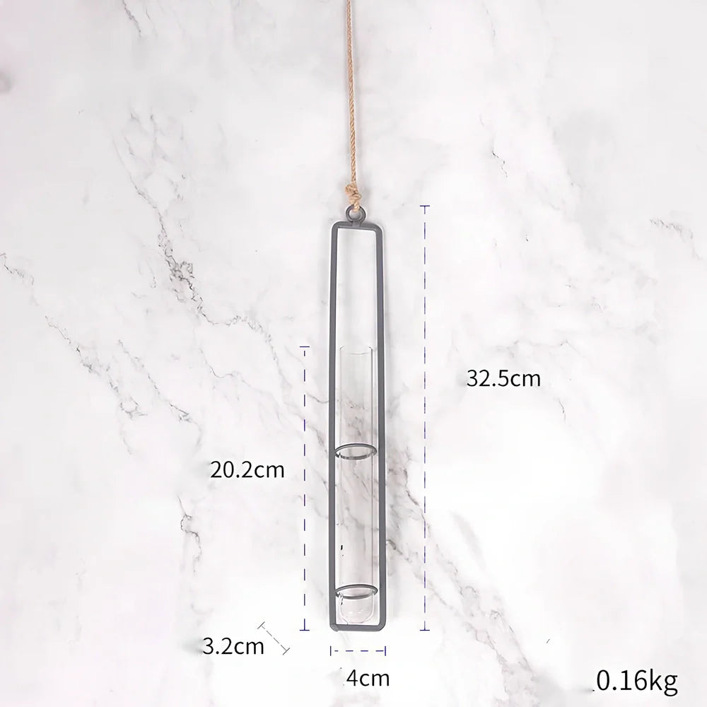Grey wrought iron hydroponic vase with glass test tubes and hemp rope, sizes 22.5cm to 32.5cm for indoor hanging