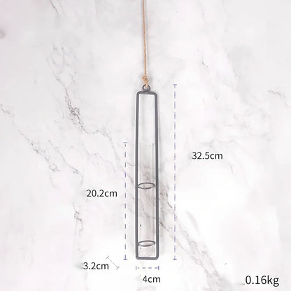 Grey wrought iron hydroponic vase with glass test tubes and hemp rope, sizes 22.5cm to 32.5cm for indoor hanging