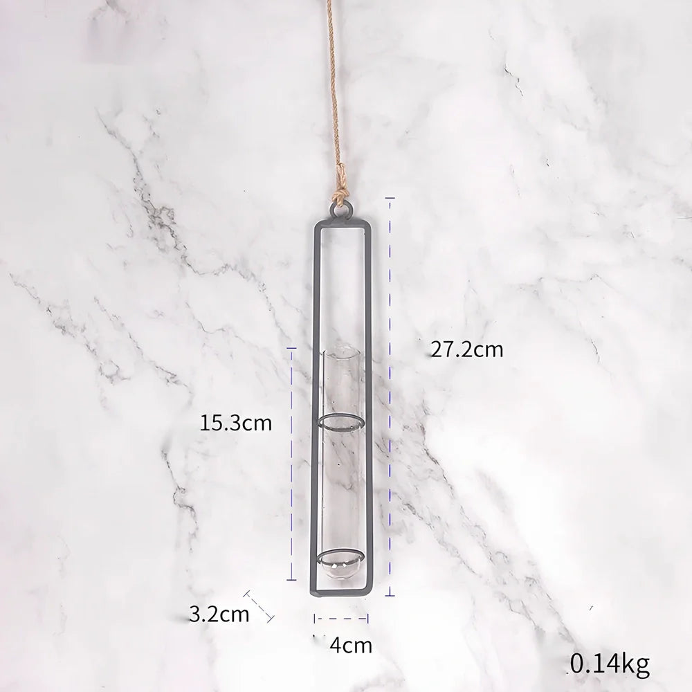 Grey wrought iron hydroponic vase with glass test tubes and hemp rope, sizes 22.5cm to 32.5cm for indoor hanging