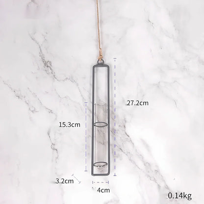 Grey wrought iron hydroponic vase with glass test tubes and hemp rope, sizes 22.5cm to 32.5cm for indoor hanging