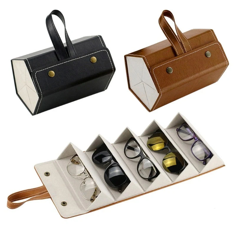 Foldable PU leather sunglasses and eyeglasses travel organiser case in black and brown