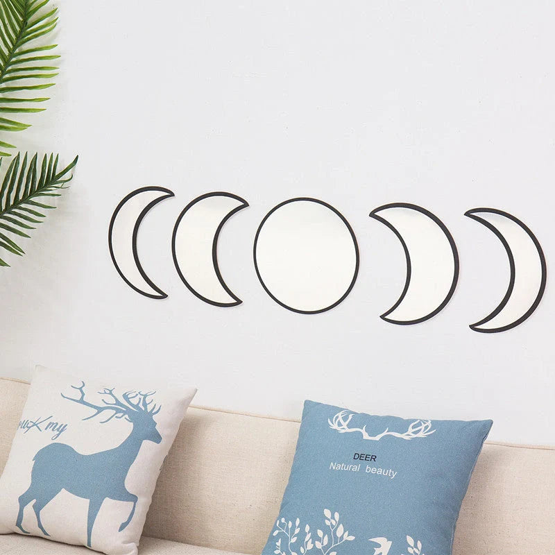 Bohemia Nordic Style Wooden Acrylic Moon Phase Mirror Wall Decoration in brown, black, and gold