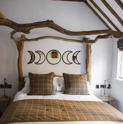 Bohemia Nordic Style Wooden Acrylic Moon Phase Mirror Wall Decoration in brown, black, and gold