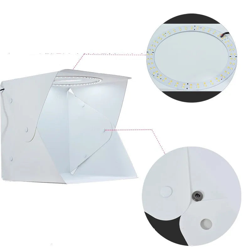 40cm folding studio fill light softbox with six colour background cloths and adjustable LED lighting