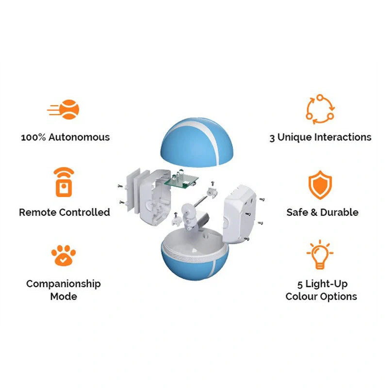 Wireless Smart Remote Control Pet Toy with LED Flashing Lights in blue, pink, and orange