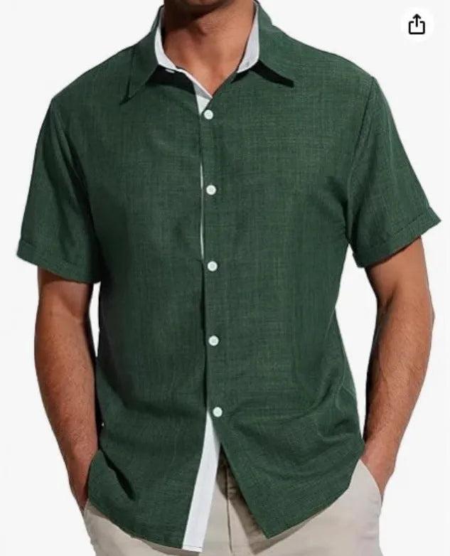 Men's short-sleeved floral print polyester shirt in matcha green colour