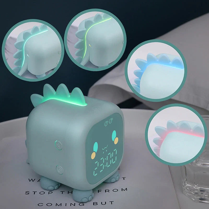 LED Cartoon Alarm Clock with voice control and digital display in pink, blue, green, and dinosaur designs