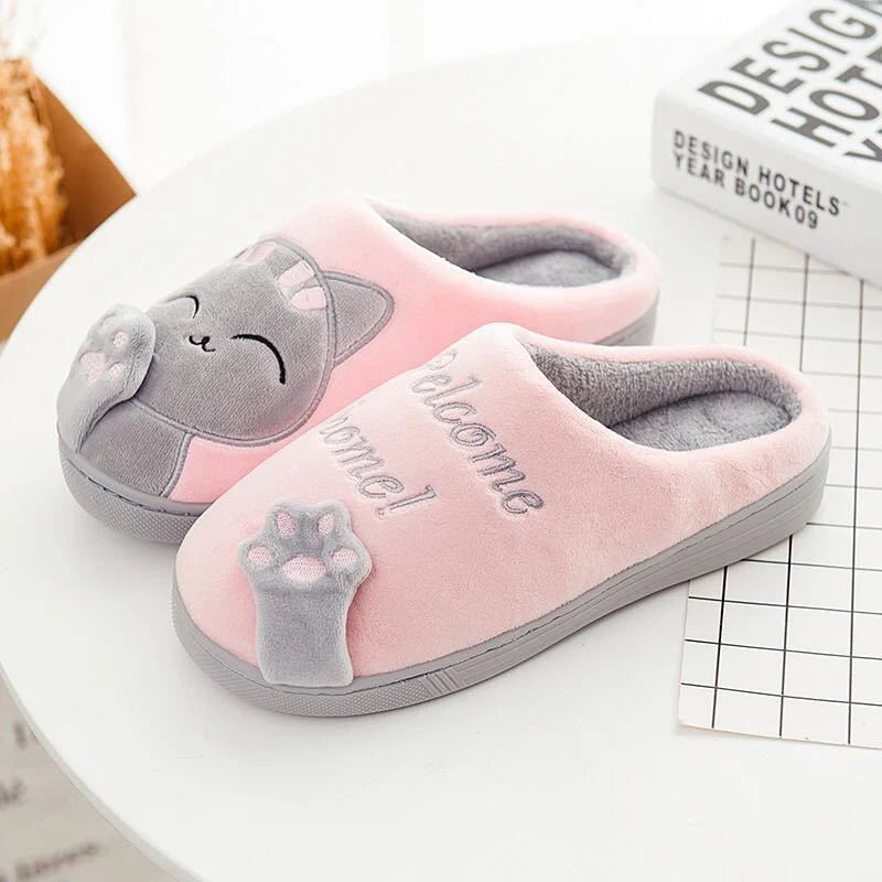 Cartoon cat winter slippers with ultra-soft plush lining in various colours