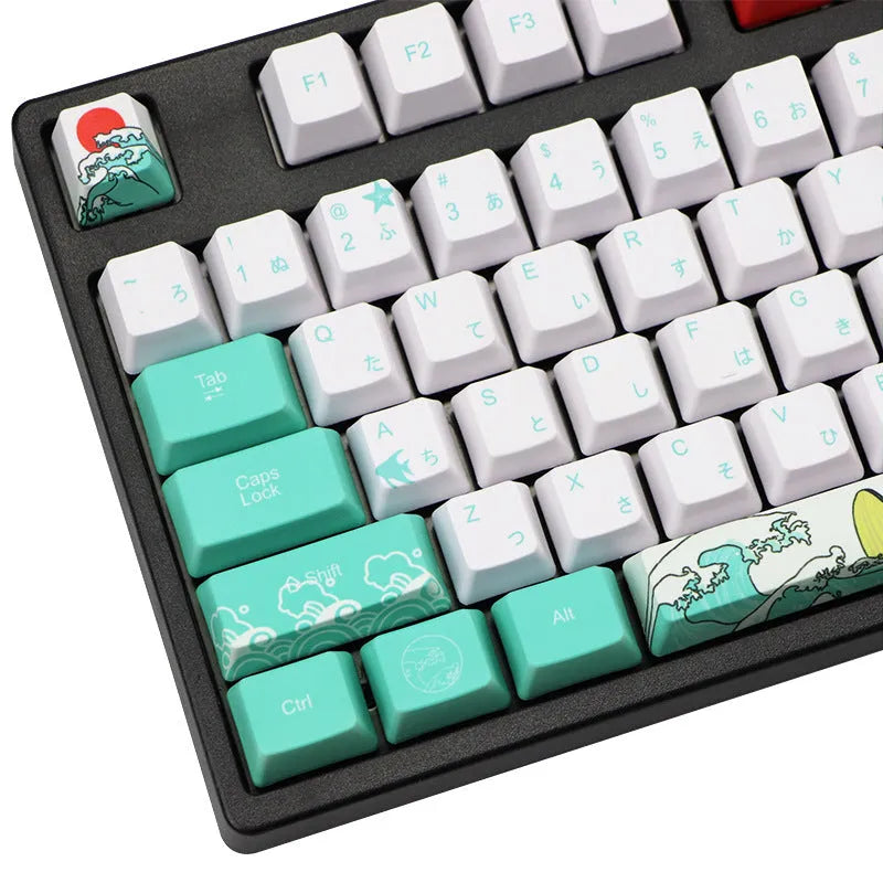 Coral Sea keycap set with 110 PBT keycaps in OEM height and a 6.25U space bar, five-sided sublimation design