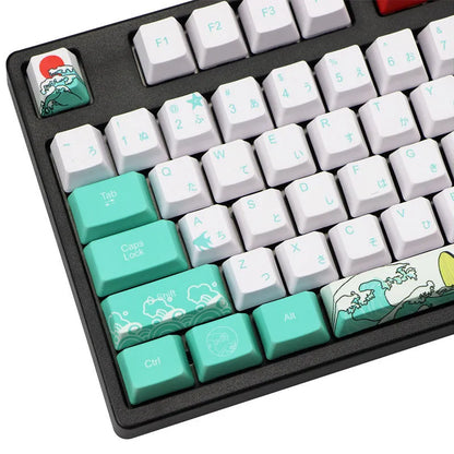 Coral Sea keycap set with 110 PBT keycaps in OEM height and a 6.25U space bar, five-sided sublimation design