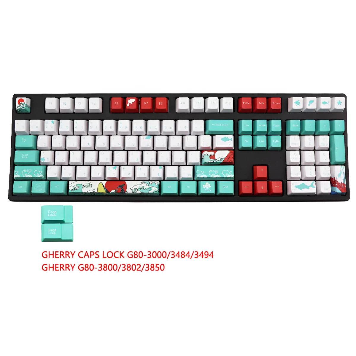 Coral Sea keycap set with 110 PBT keycaps in OEM height and a 6.25U space bar, five-sided sublimation design