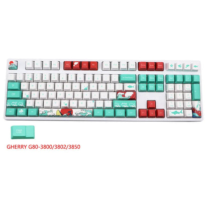 Coral Sea keycap set with 110 PBT keycaps in OEM height and a 6.25U space bar, five-sided sublimation design