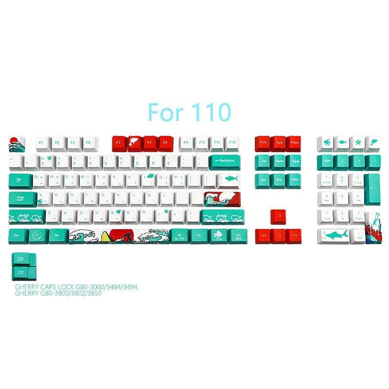 Coral Sea keycap set with 110 PBT keycaps in OEM height and a 6.25U space bar, five-sided sublimation design
