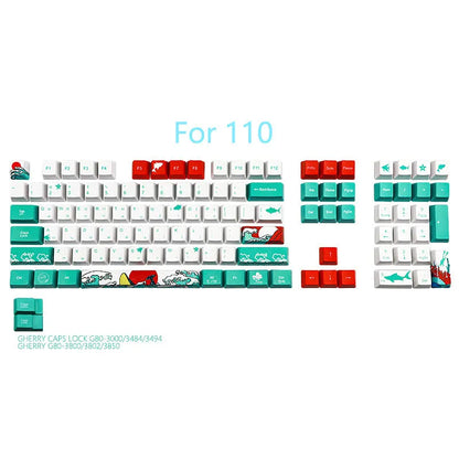 Coral Sea keycap set with 110 PBT keycaps in OEM height and a 6.25U space bar, five-sided sublimation design