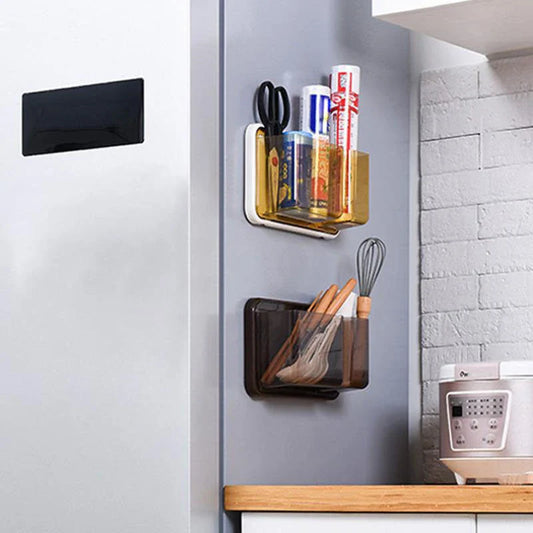 Compact refrigerator organiser with magnet-free, perforated storage design for efficient kitchen storage and organisation