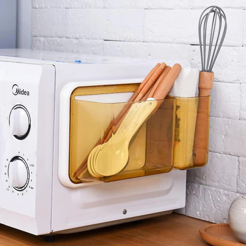 Compact refrigerator organiser with magnet-free, perforated storage design for efficient kitchen storage and organisation