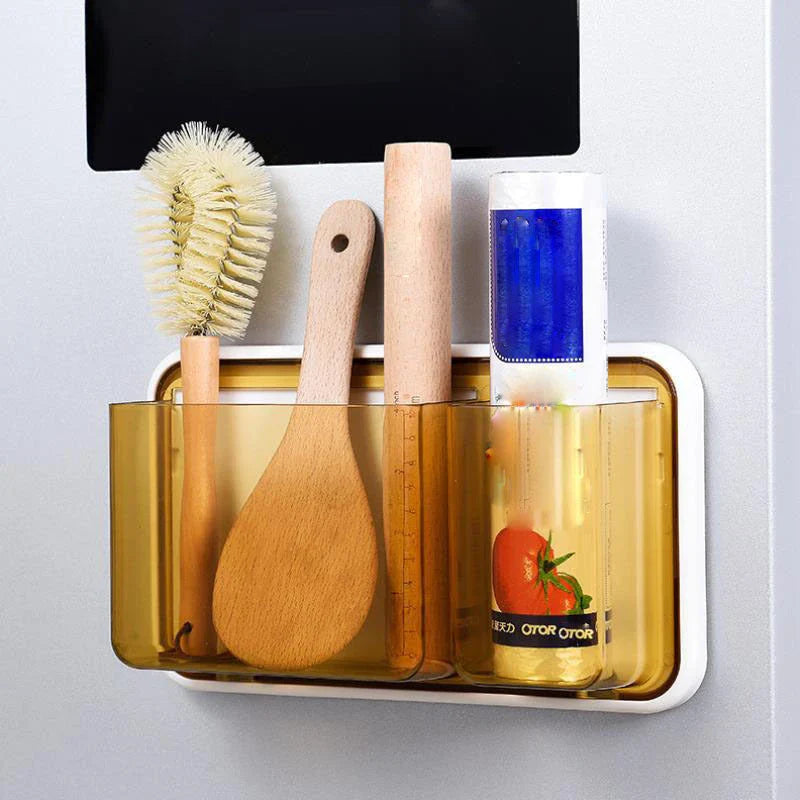 Compact refrigerator organiser with magnet-free, perforated storage design for efficient kitchen storage and organisation