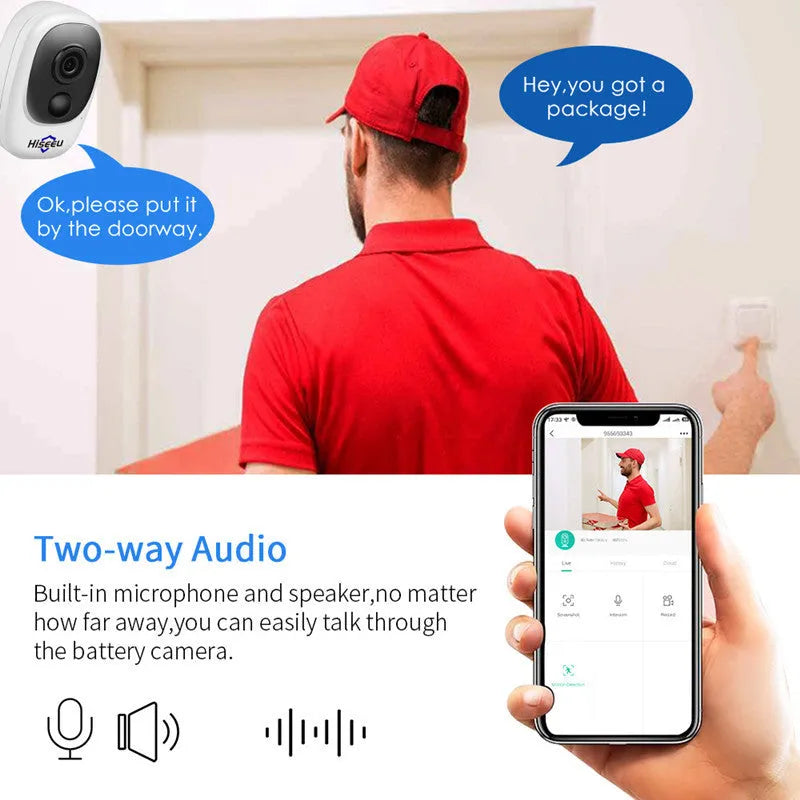 Battery-powered indoor security camera C10+ with 1080P HD resolution, night vision up to 15-30 metre range, remote PTZ control, and white ABS dome housing for home monitoring