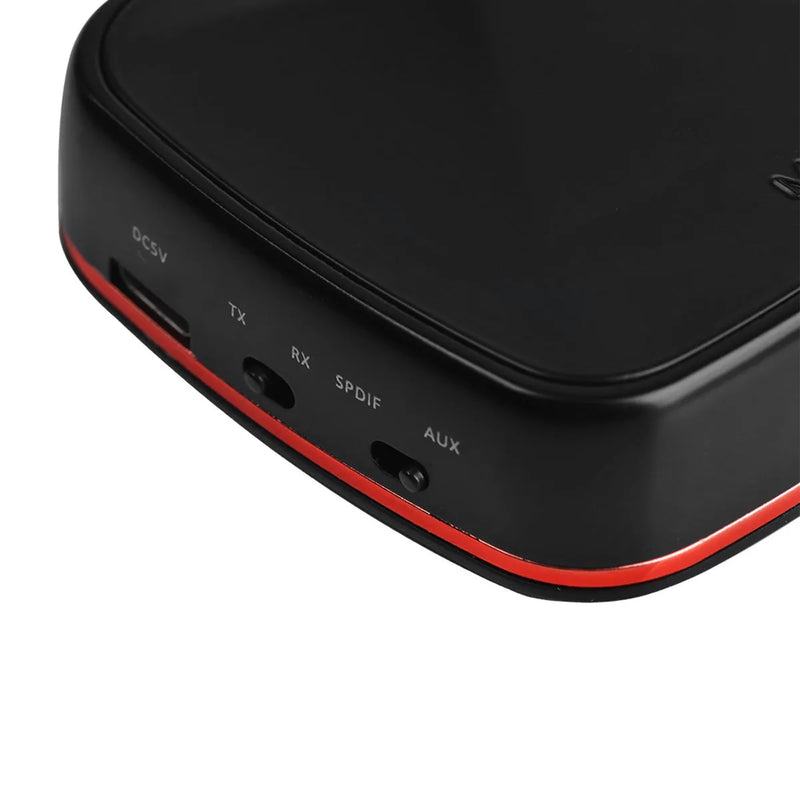 Optical fibre Bluetooth 5.0 adapter with CSR8675 chip, supporting dual device pairing and TX/RX switching without shutdown for wireless audio transmission to speakers, headphones, TVs, and home theatre systems via optical or AUX connections.