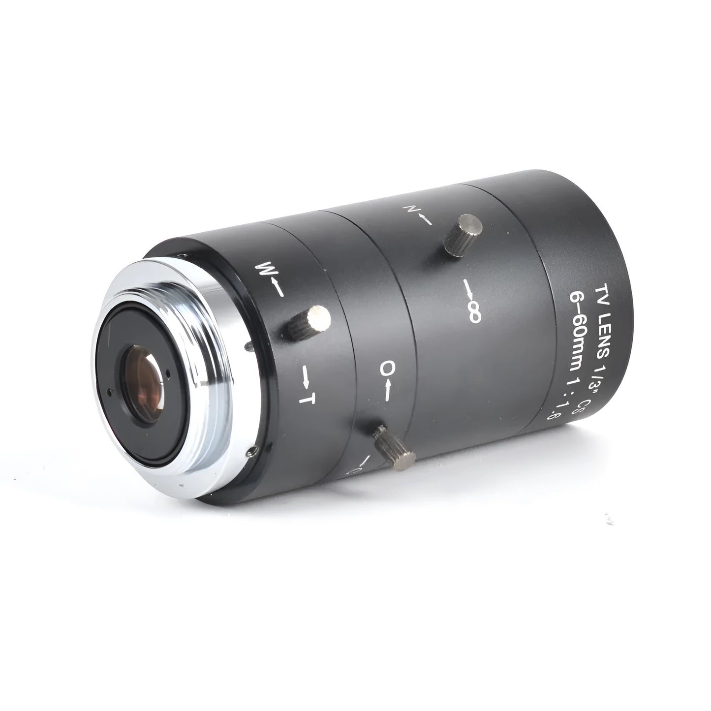 Black CS mount manual zoom camera lens showing 6-60mm and F1.6 markings on barrel