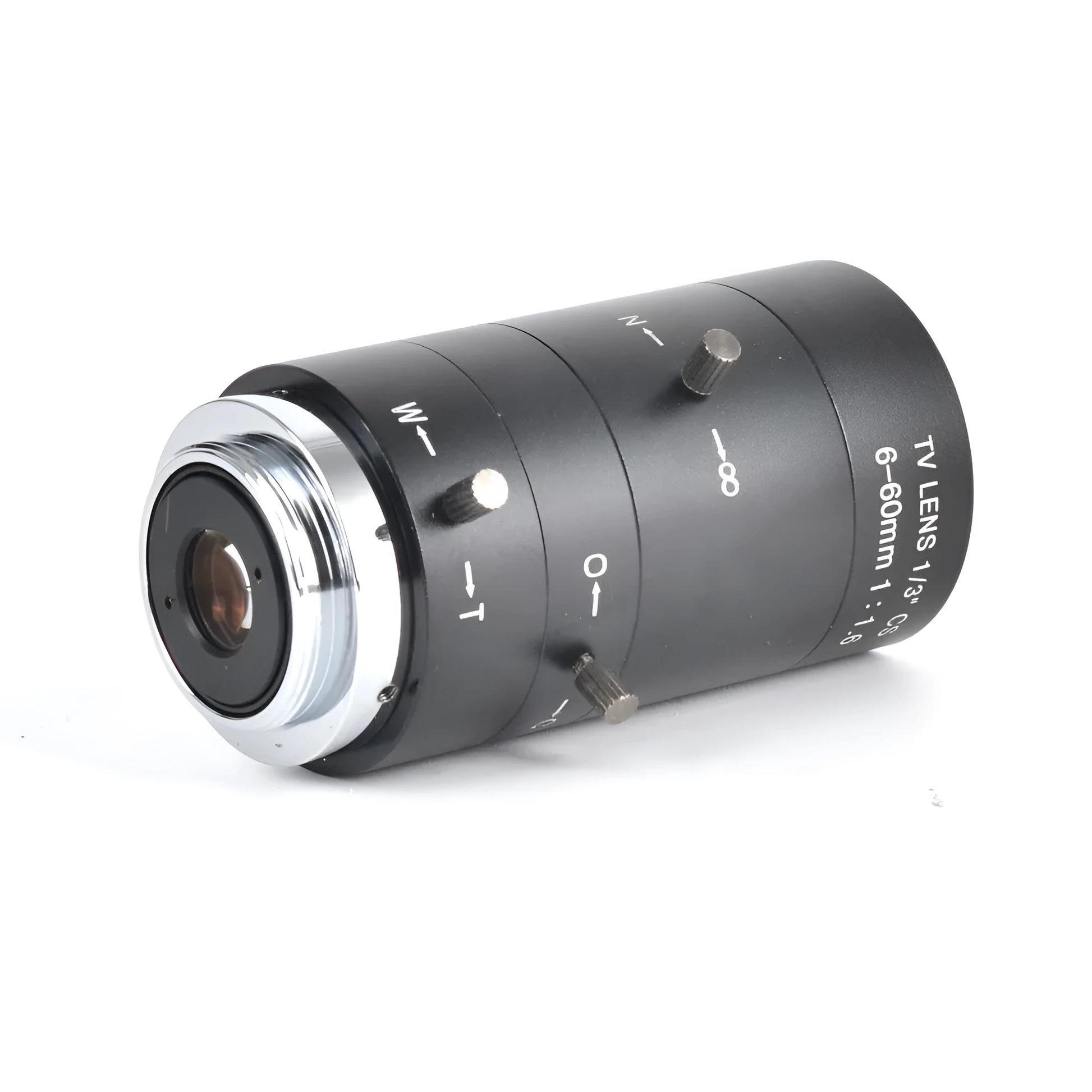 Black CS mount manual zoom camera lens showing 6-60mm and F1.6 markings on barrel