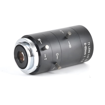 Black CS mount manual zoom camera lens showing 6-60mm and F1.6 markings on barrel