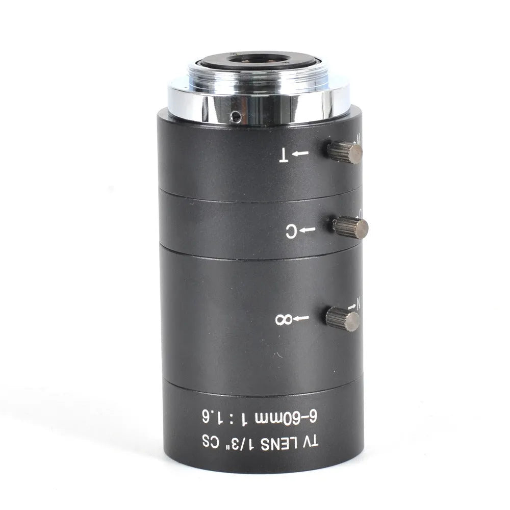 Black CS mount manual zoom camera lens showing 6-60mm and F1.6 markings on barrel