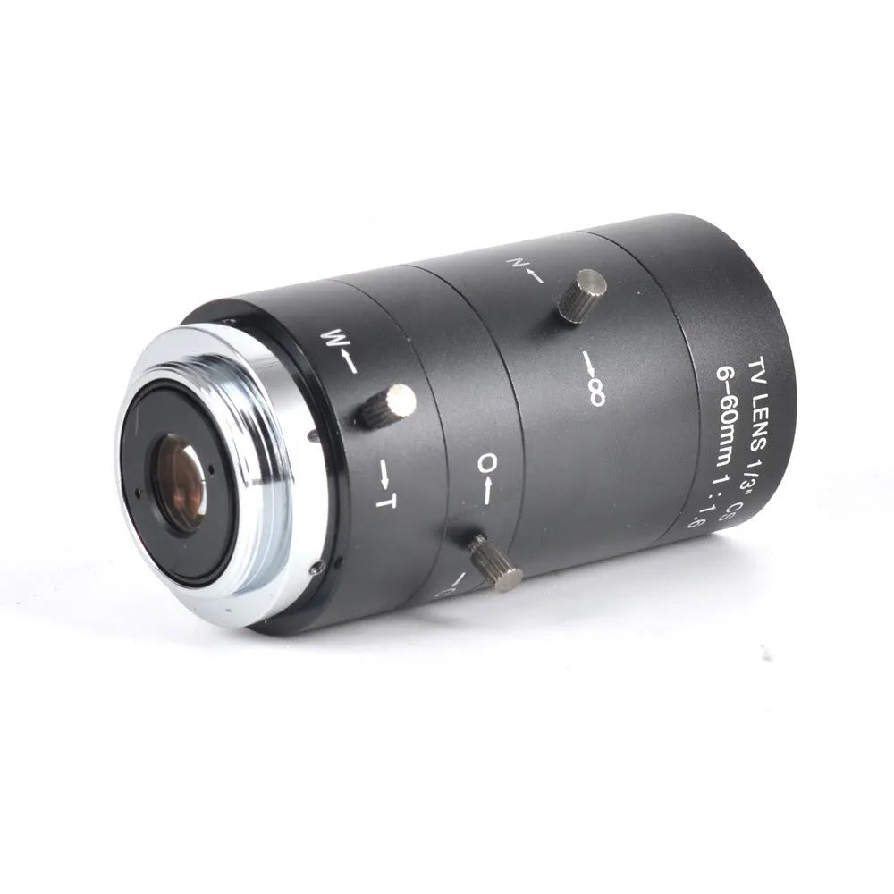 Black CS mount manual zoom camera lens showing 6-60mm and F1.6 markings on barrel