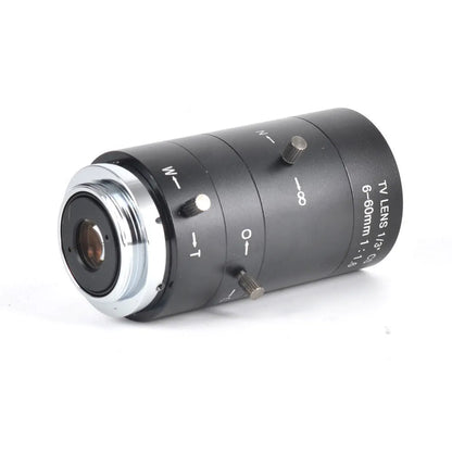 Black CS mount manual zoom camera lens showing 6-60mm and F1.6 markings on barrel