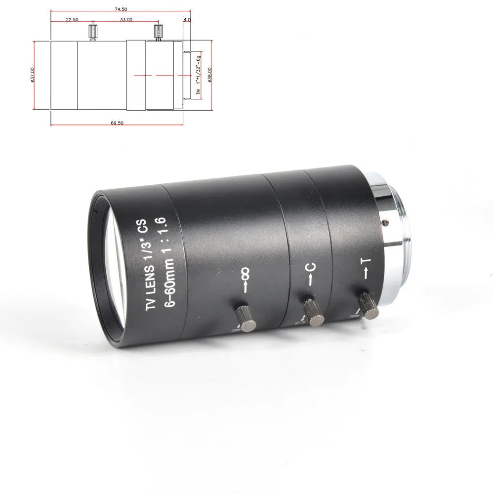 Black CS mount manual zoom camera lens showing 6-60mm and F1.6 markings on barrel