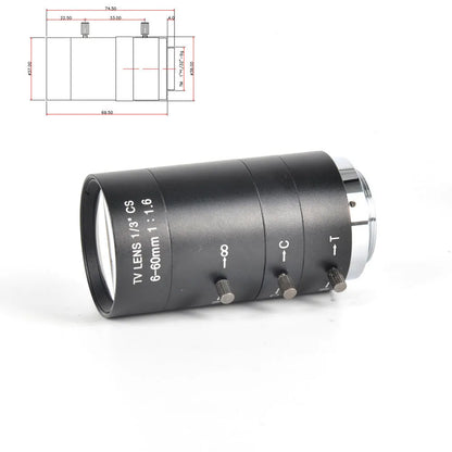 Black CS mount manual zoom camera lens showing 6-60mm and F1.6 markings on barrel