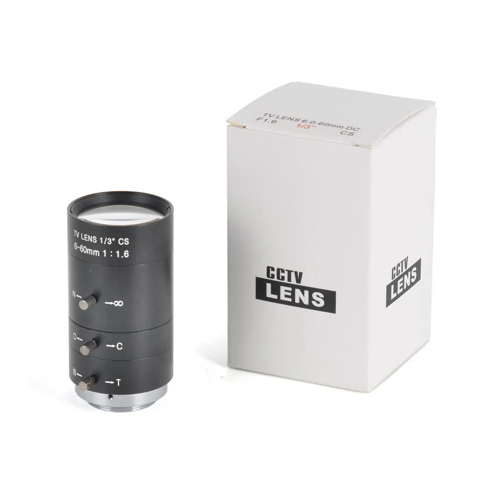 Black CS mount manual zoom camera lens showing 6-60mm and F1.6 markings on barrel