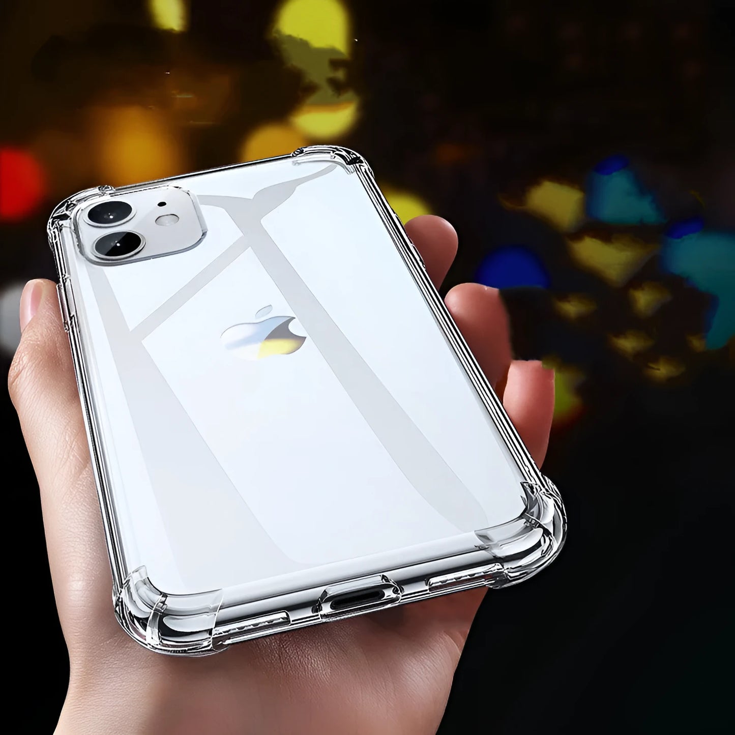 Transparent white silicone shockproof case shown on various iPhone models