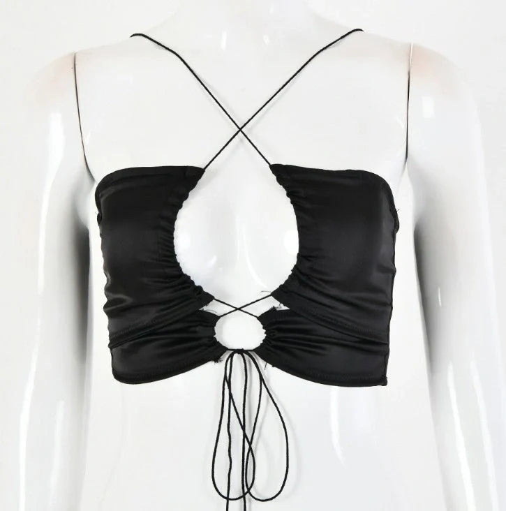 Women's bandage halter tube top in Lyocell fabric, available in white, purple, and black