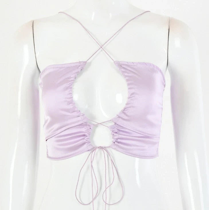 Women's bandage halter tube top in Lyocell fabric, available in white, purple, and black