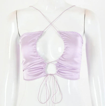Women's bandage halter tube top in Lyocell fabric, available in white, purple, and black
