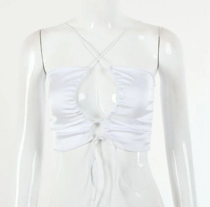 Women's bandage halter tube top in Lyocell fabric, available in white, purple, and black