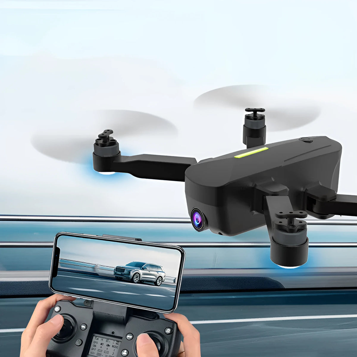 Brushless GPS drone with 4K HD camera in technology grey, folded size 12.8x10x5.5cm, for aerial photography.