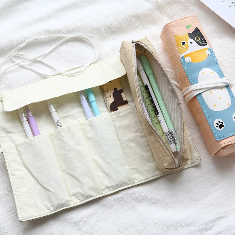 Korean cartoon cat design pencil bag in blue, green, pink, and yellow colour options