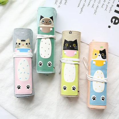 Korean cartoon cat design pencil bag in blue, green, pink, and yellow colour options