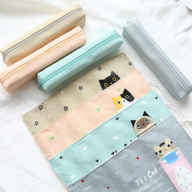 Korean cartoon cat design pencil bag in blue, green, pink, and yellow colour options
