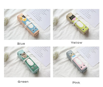 Korean cartoon cat design pencil bag in blue, green, pink, and yellow colour options