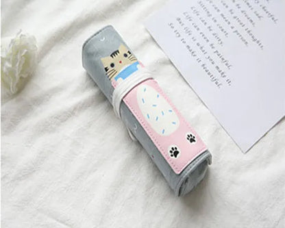 Korean cartoon cat design pencil bag in blue, green, pink, and yellow colour options