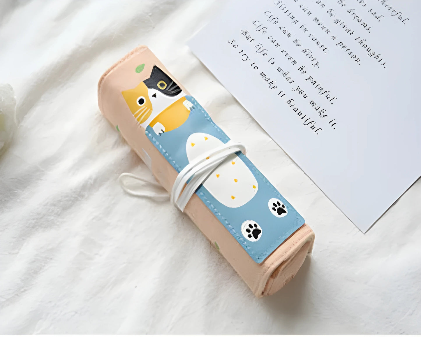 Korean cartoon cat design pencil bag in blue, green, pink, and yellow colour options