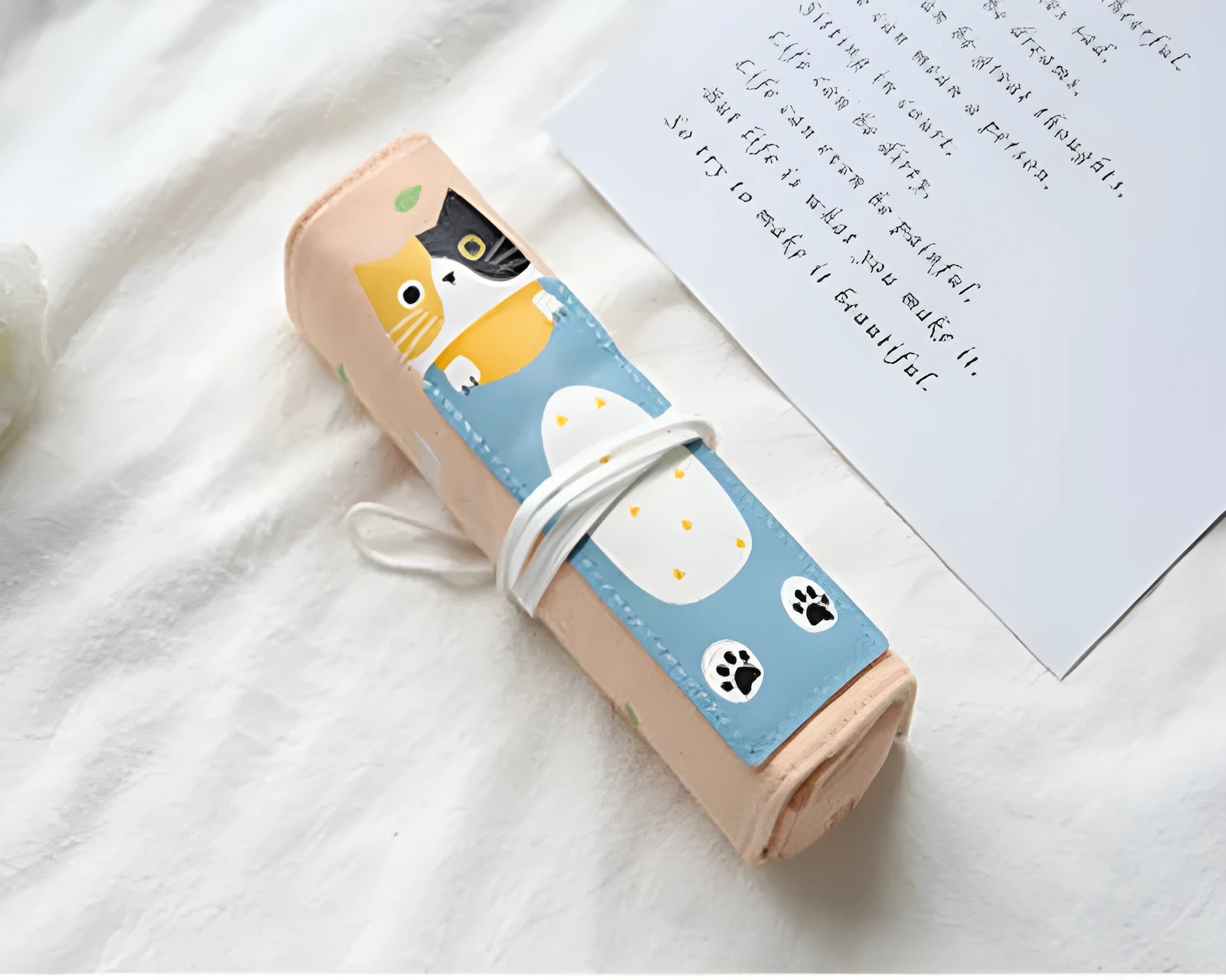 Korean cartoon cat design pencil bag in blue, green, pink, and yellow colour options