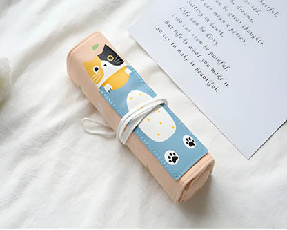 Korean cartoon cat design pencil bag in blue, green, pink, and yellow colour options